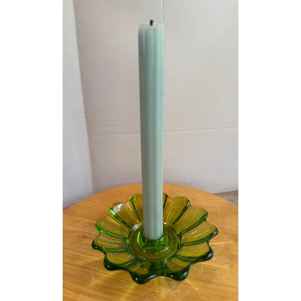 Vintage Olive Green Glass Candlestick | Retro Flower Candle Holder | MCM Decor